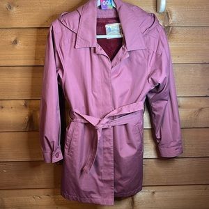 London Fog Rose Line Zip Hood Rain Snow Winter Midi Length Belt Jacket Sherpa